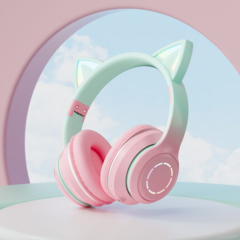 LED Light Up Bluetooth Cat Ear Headphones with Microphone and Gradient Color Design