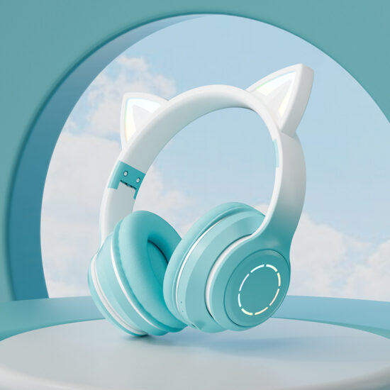 LED Light Up Bluetooth Cat Ear Headphones with Microphone and Gradient Color Design
