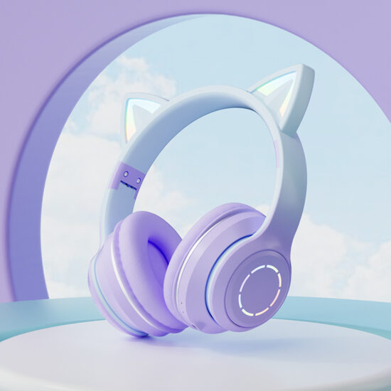 LED Light Up Bluetooth Cat Ear Headphones with Microphone and Gradient Color Design