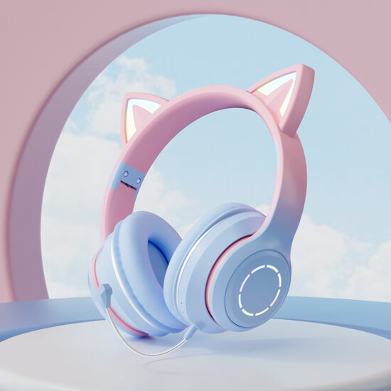 LED Light Up Bluetooth Cat Ear Headphones with Microphone and Gradient Color Design