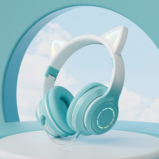 LED Light Up Bluetooth Cat Ear Headphones with Microphone and Gradient Color Design