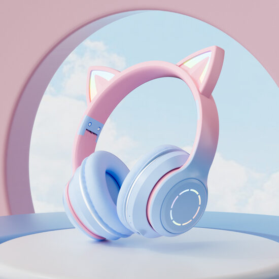 LED Light Up Bluetooth Cat Ear Headphones with Microphone and Gradient Color Design