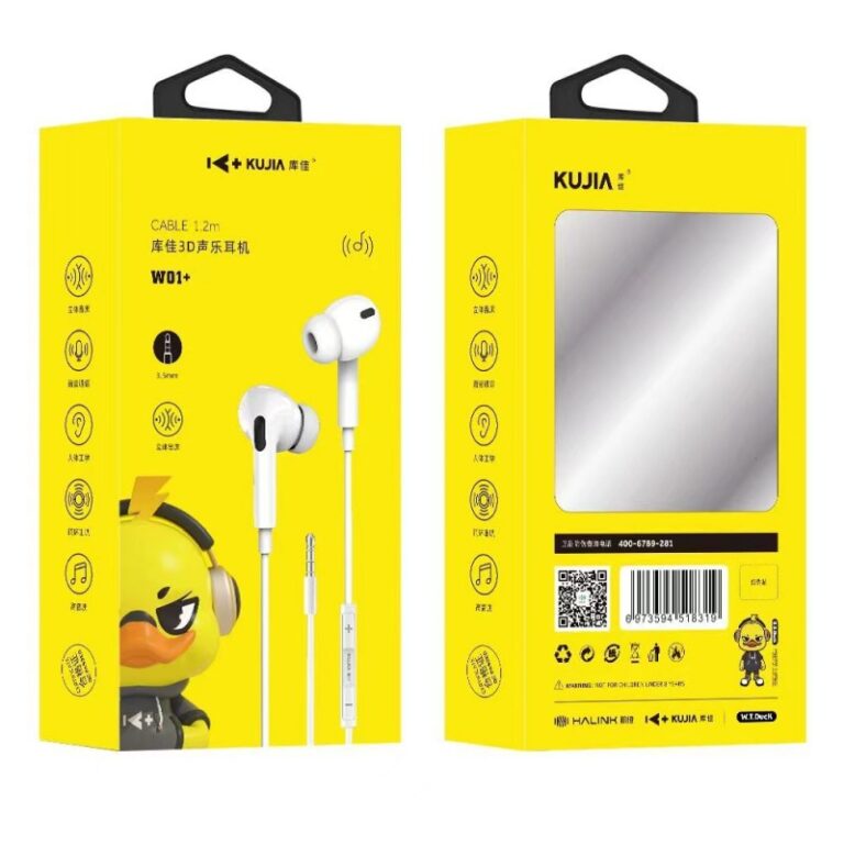 KuJia W07 In-Ear Wired Earphones with Microphone and Deep Bass – Universal 3.5mm Plug
