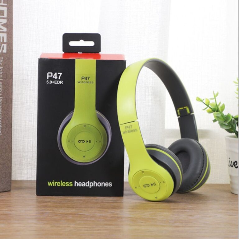 P47 foldable wireless Bluetooth over-ear headphones with deep bass and sports design