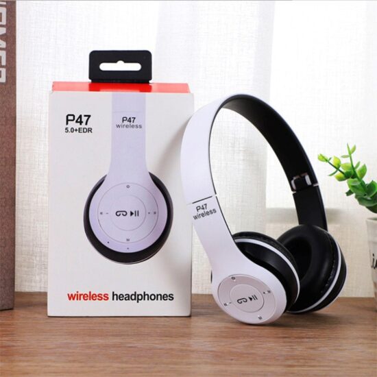 P47 foldable wireless Bluetooth over-ear headphones with deep bass and sports design