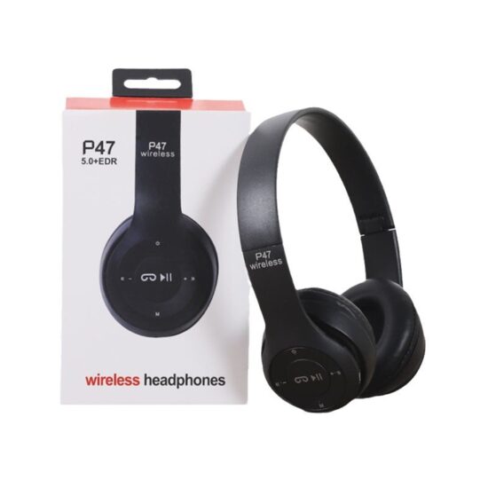 P47 foldable wireless Bluetooth over-ear headphones with deep bass and sports design