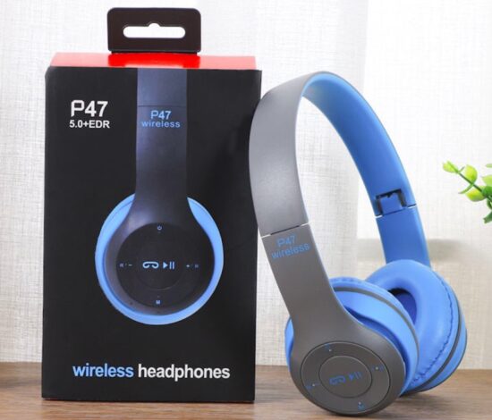 P47 foldable wireless Bluetooth over-ear headphones with deep bass and sports design