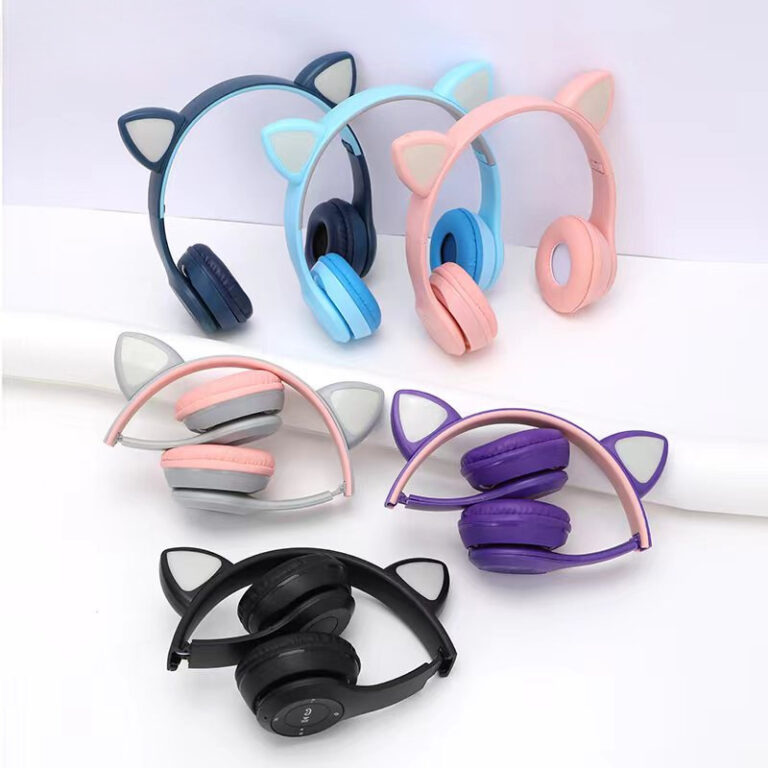 P47M Cat Ear Wireless Bluetooth Headphones with LED Lights – Foldable Over-Ear Headset