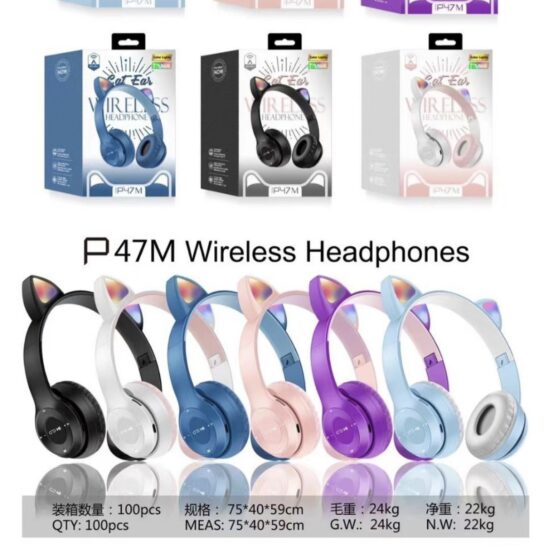 P47M Cat Ear Wireless Bluetooth Headphones with LED Lights – Foldable Over-Ear Headset