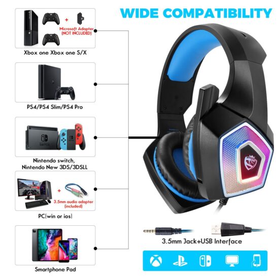 V1 RGB Wired Gaming Headset with Bass and Over-Ear Design for PS4, PC, Xbox

